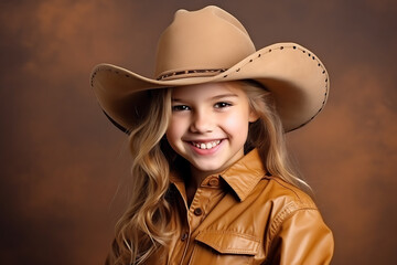 Cowgirl child in light brown cowboy hat posing on brown background, smiling and looking at camera