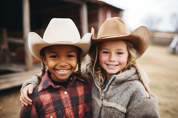Two cowgirls of African-American and European appearance in cowboy hats look at the camera and smile - obrazy, fototapety, plakaty