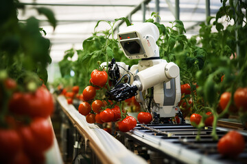 Modern Robot with artificial intelligence harvest organic plants in an urban greenhouse. New technologies in agriculture - obrazy, fototapety, plakaty