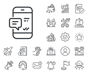 Mobile chat sign. Salaryman, gender equality and alert bell outline icons. Phone Message line icon. Conversation or SMS symbol. Smartphone notification line sign. Vector