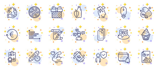 Outline set of Surprise, Cable section and Sodium mineral line icons for web app. Include Smartphone glass, Agreement document, Project deadline pictogram icons. Notification, Report. Vector