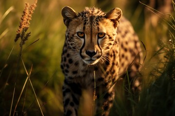 a guepard moving slowly through the grass towards the camera in african savannah