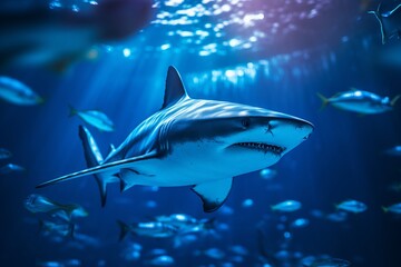 Fototapeta premium blue shark swimming underwater in the sea water