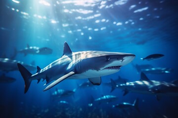 Obraz premium blue shark swimming underwater in the sea water