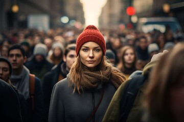 woman standing in a crowded  feminist march for women's rights in March 8th - obrazy, fototapety, plakaty