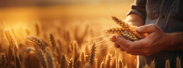 Hand and wheat close-up. Agronomic banner. A farmer checks the harvest in his field.