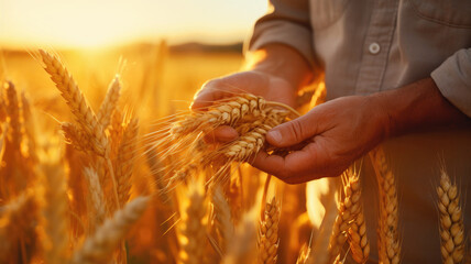 Hand and wheat close-up. Agronomic banner. A farmer checks the harvest in his field.