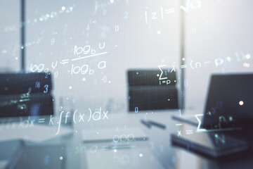 Creative scientific formula concept and modern desktop with computer on background. Multiexposure