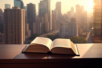 an open book on a window with the city view in background