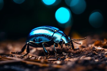 macro shot of a blue beetle in the forest ground