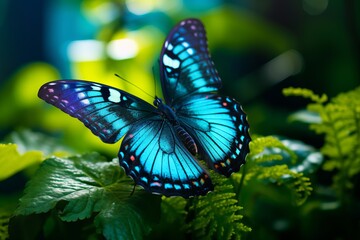 vibrant blue butterfly on a green leaf in the forest