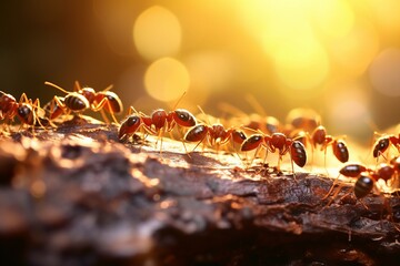Fototapeta premium macro shot of red ants marching on the forest ground 