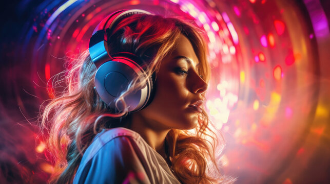 A bright multi-colored image of a woman wearing headphones in a nightclub. Modern pop music, female DJ.