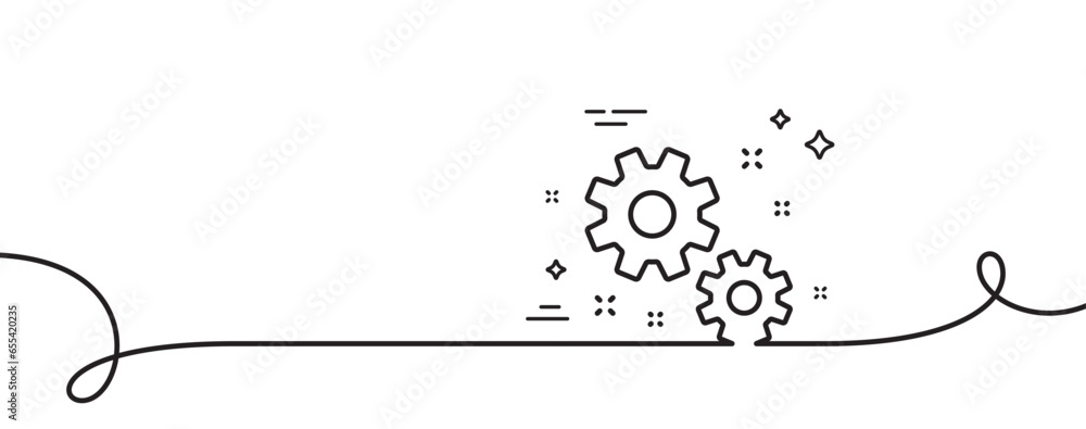 Poster Work line icon. Continuous one line with curl. Business management sign. Cogwheel or gear symbol. Work single outline ribbon. Loop curve pattern. Vector