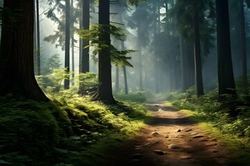 A tranquil forest path enveloped in the soft, diffused light of morning fog.