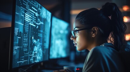 A woman programmer looks at a computer screen. Programming, digital design, new work.