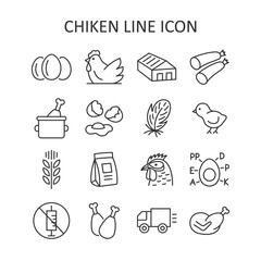 Poultry farm line icon set. Chicken, egg, feather, sausage, truck, forage line symbols. Vector illustration.