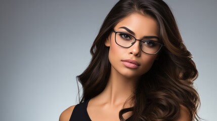A beautiful woman with long hair wears glasses.