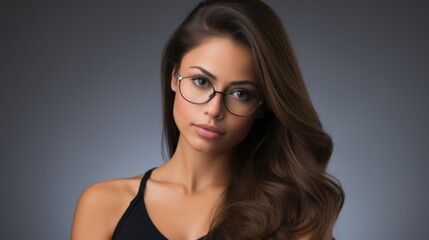 Fototapeta premium A beautiful woman with long hair wears glasses.