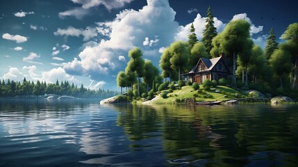 house small island middle lake cute absolute peace quiet chalet hot sunny puffy clouds video graphics swedish forest - obrazy, fototapety, plakaty