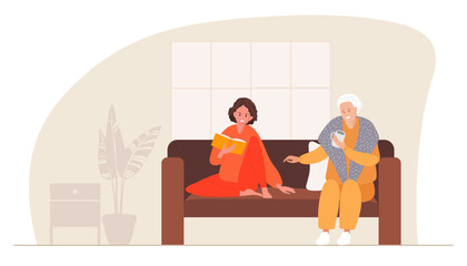 Elderly care. Young woman reading book to elderly woman. Women sitting on sofa in domestic interior. Different generations Leisure activity, repose and relaxation. Flat cartoon vector illustration.