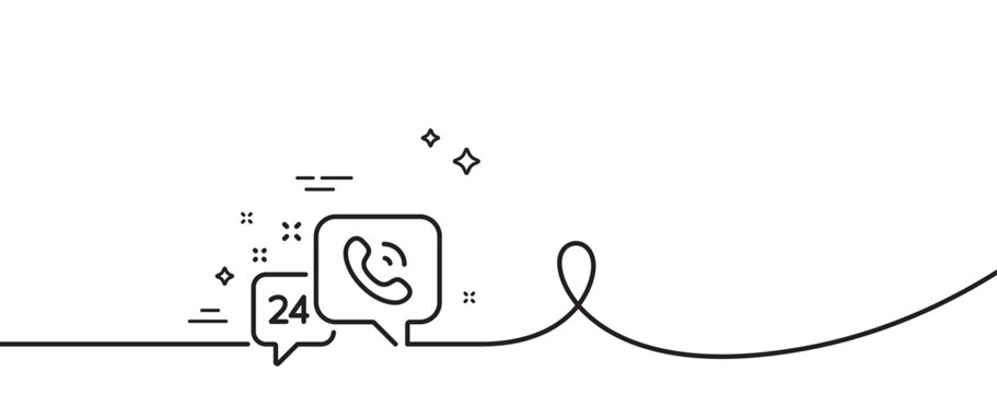 24 hour service line icon. Continuous one line with curl. Call support sign. Feedback chat symbol. 24h service single outline ribbon. Loop curve pattern. Vector