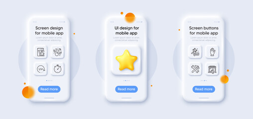 Obraz premium Auction hammer, Timer and Coffee maker line icons pack. 3d phone mockups with star. Glass smartphone screen. Uv protection, Market seller, Clean bubbles web icon. Repair, Hand pictogram. Vector