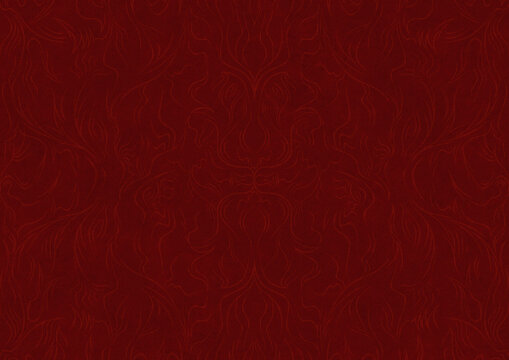 Hand-drawn unique abstract symmetrical seamless ornament. Light semi transparent red on a deep red background. Paper texture. Digital artwork, A4. (pattern: p11-1a)