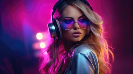 A bright multi-colored image of a woman wearing headphones in a nightclub. Modern pop music, female DJ.