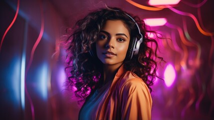Fototapeta na wymiar A bright multi-colored image of a woman wearing headphones in a nightclub. Modern pop music, female DJ.