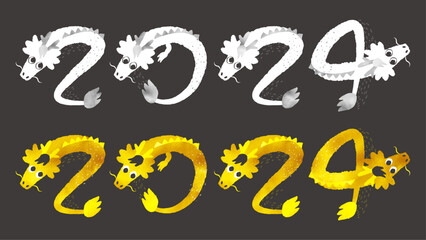 龍と2024年 辰年の文字イラスト（白色＆金色セット）
