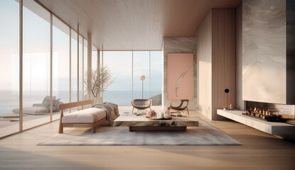 The interior of the living room in a country house with a view of the sea from the window, dylight