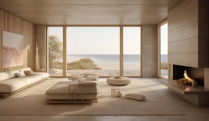 The beige interior of the living room in a country house with a view of the sea from the window, a fireplace