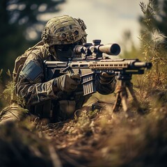 Military sniper in the jungle. Sniper mercenary with a rifle aims at the enemy. - obrazy, fototapety, plakaty