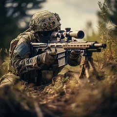Tuinposter Military sniper in the jungle. Sniper mercenary with a rifle aims at the enemy. © Newgens