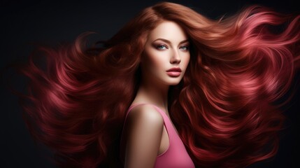 Woman with long wavy hair. Concept of hair care, hair coloring and strengthening. Feminine beauty.