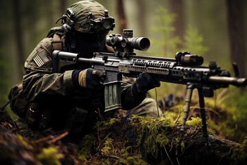 Sniper aiming from his rifle in forest