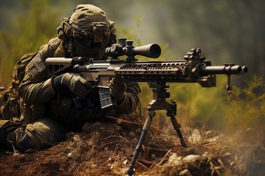 Sniper aiming from his AWM rifle in forest