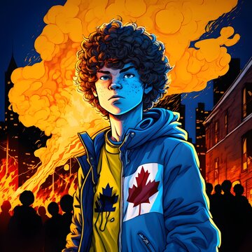cartoon teenage boy with curly hair raising a flag in front of fire blue and yellow jacket blue eyes in a canadian city 