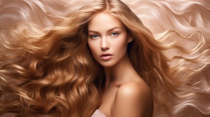 Woman with long wavy hair. Concept of hair care, hair coloring and strengthening. Feminine beauty.