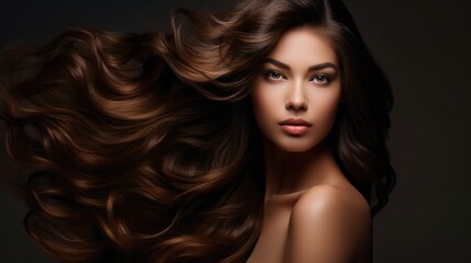 Naklejka premium Photo of a brunette with long luxurious wavy hair. Hair care concept, hair coloring.