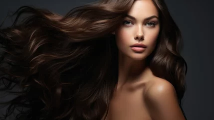 Draagtas Photo of a brunette with long luxurious wavy hair. Hair care concept, hair coloring. © Restyler