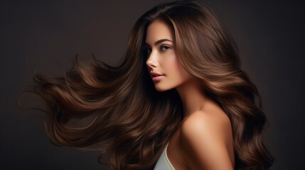 Naklejka premium Photo of a brunette with long luxurious wavy hair. Hair care concept, hair coloring.