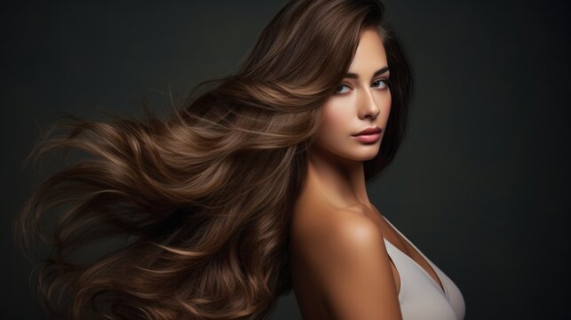 Photo of a brunette with long luxurious wavy hair. Hair care concept, hair coloring.
