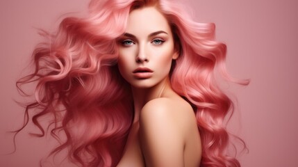 A woman with long dyed pink hair. Concept of hair care and coloring, female beauty.