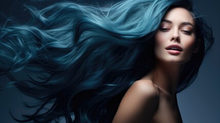 A woman with long dyed blue hair. Concept of hair care and coloring, female beauty. - Powered by Adobe