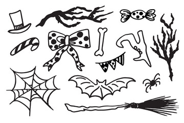 Hand drawn Halloween traditional symbols. Doodle style illustrations: spider webs, broom, bat, bow, boot, grim reaper, black branch. Isolated vector on white