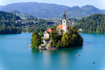 church on the island in lake bled in slovenia