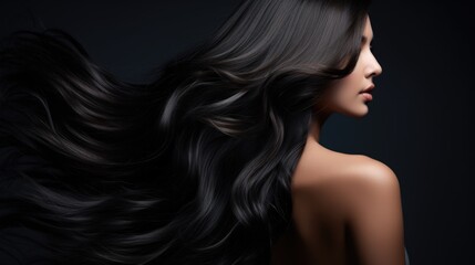 Asian woman with dark hair. Concept of hair care, hair coloring and strengthening. - obrazy, fototapety, plakaty