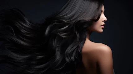 Fotobehang Asian woman with dark hair. Concept of hair care, hair coloring and strengthening. © Restyler